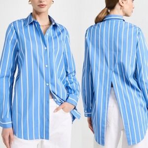 L' AGENCE Layla Tunic Blouse Back Vent Blue White Stripe Button Up Shirt Cotton